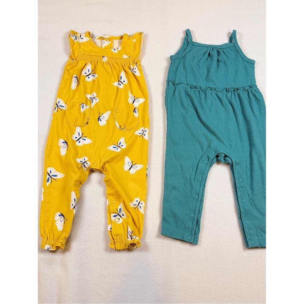 Carters Baby Girl 12M Butterfly Yellow Teal Gauze Jumpsuit Romper Set 2pc